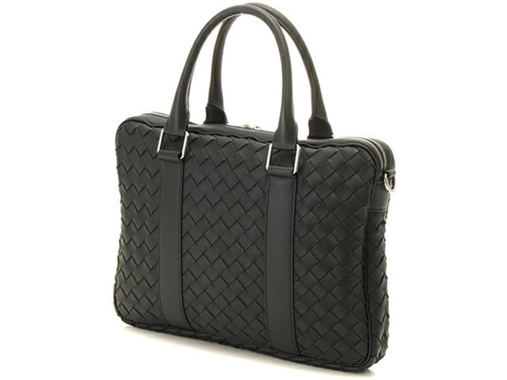 Bottega Veneta Business Calfskin Intrecciato Briefcase Bag Strap Black